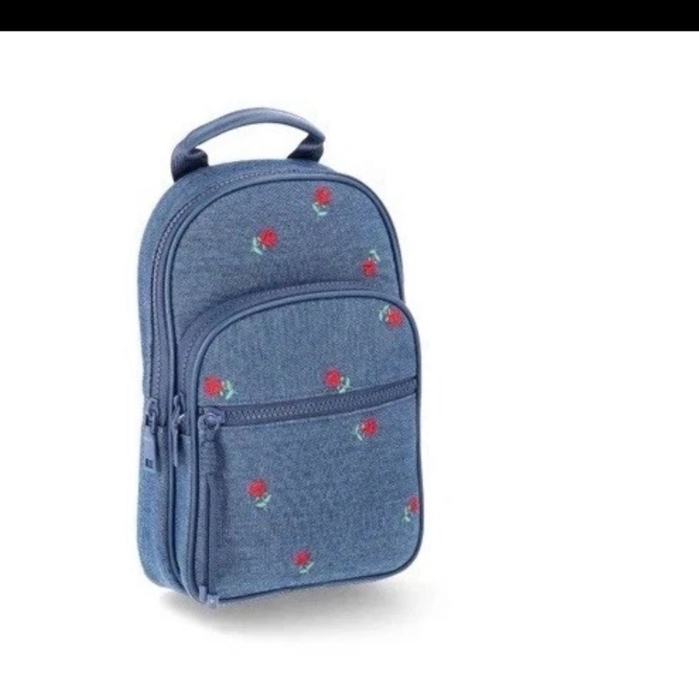 New Mini Crossbody Backpack Denim Embroidery Roses Sling Bag Denim Floral Blue - Picture 3 of 5